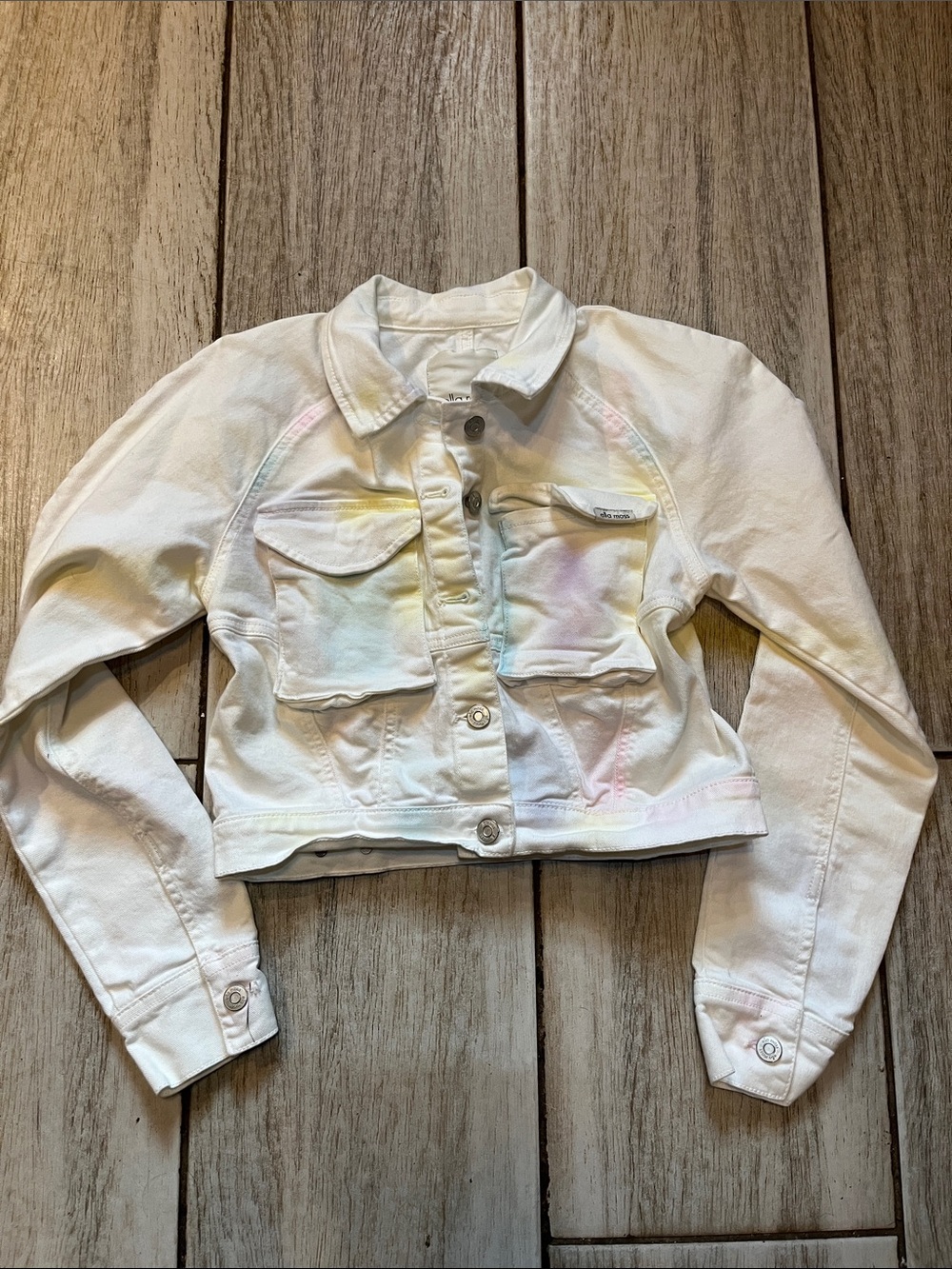 Ella Moss White Cropped Denim Jacket with Pastel Tie-Dye Hues